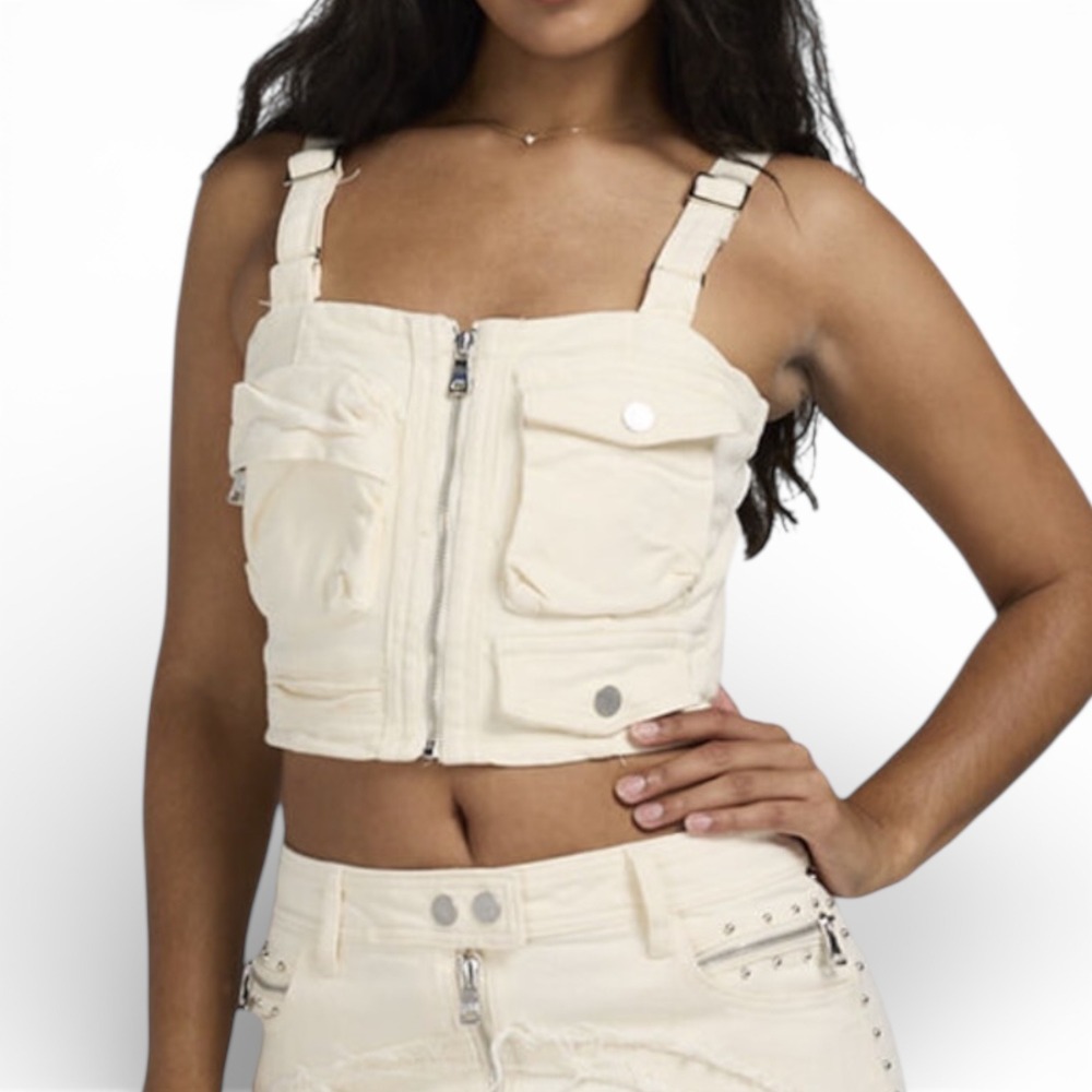 First Row Cream Denim Utility Cargo Corset Top Zip Front Smocked Back ‎ M